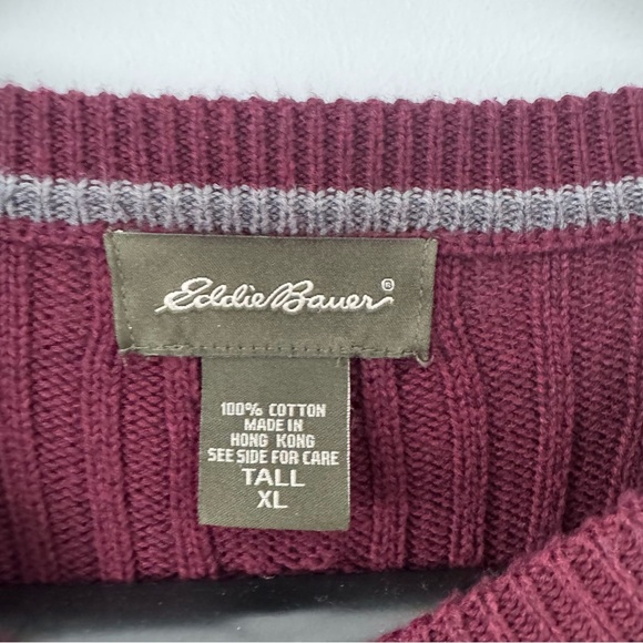 Vtg Eddie Bauer Plum Cable Knit Sweater Men’s XLT Tall XL Burgundy 100% Cotton - Picture 4 of 8